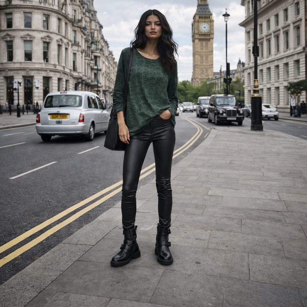 French Connection Croc Print Long Sleeve Blouse in Forest Green, Size XS